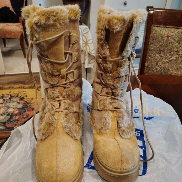Skechers Outdoor Vintage Y2k Tan Leather Frolic 45708 Faux Fur Winter Boots - Picture 10 of 11